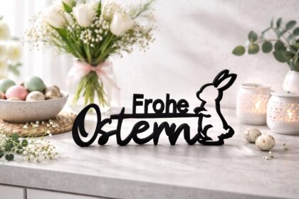 Frohe Ostern Schriftzug mit Hasenmotiv - Dekorativer 3D Druck Aufsteller